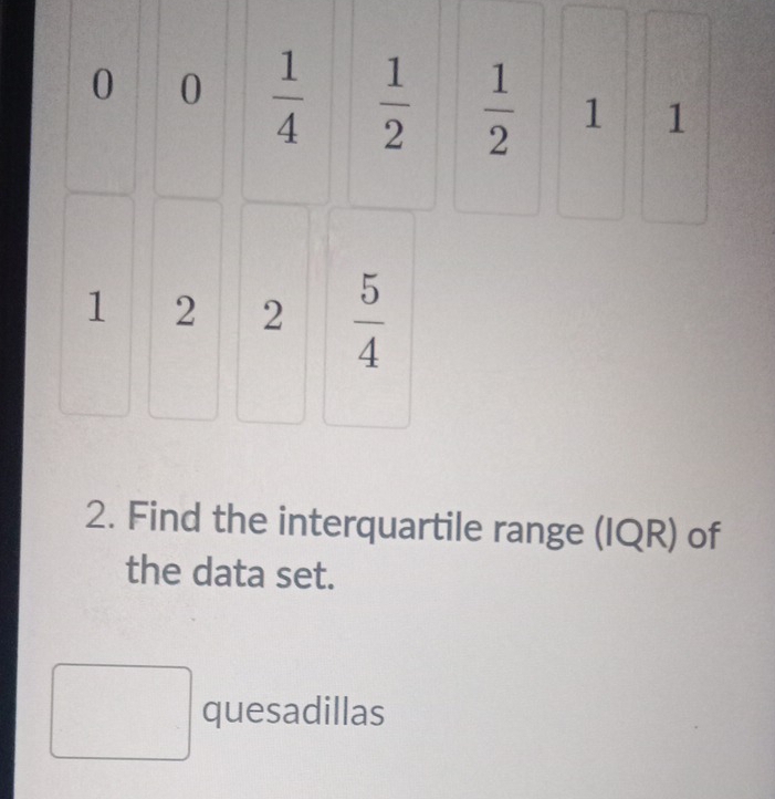 0 0  1/4   1/2   1/2  1
1
1 2 2  5/4 
2. Find the interquartile range (IQR) of 
the data set. 
quesadillas