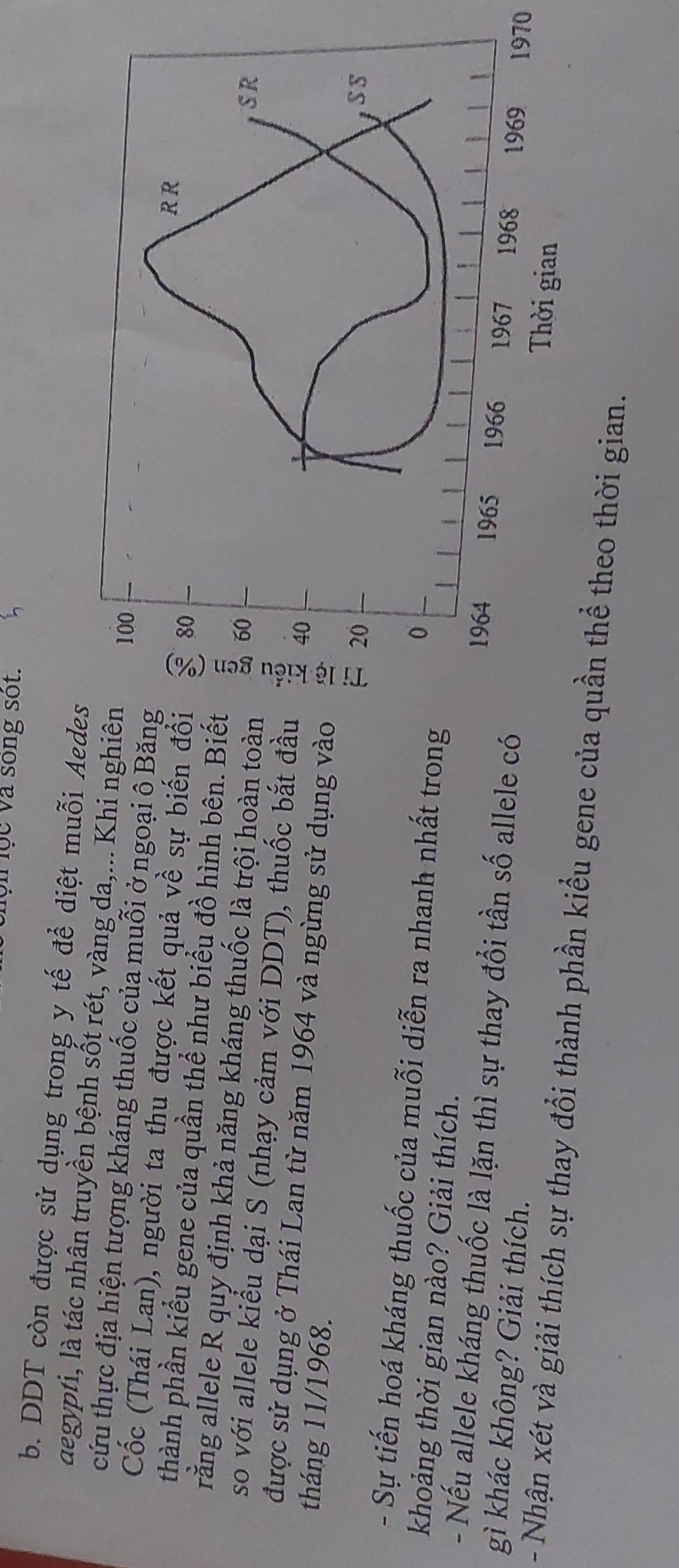 ợn lộc và sống sốt. 
b. DDT còn được sử dụng trong y tế để diệt muỗi Aede 
degypti, là tác nhân truyền bệnh sốt rét, vàng da,... Khi nghiê 
cứu thực địa hiện tượng kháng thuốc của muỗi ở ngoại ô Băn 
Cốc (Thái Lan), người ta thu được kết quả về sự biến đổ 
thành phần kiểu gene của quần thể như biểu đồ hình bên. Biế 
rằng allele R quy định khả năng kháng thuốc là trội hoàn toàn 
so với allele kiểu dại S (nhạy cảm với DDT), thuốc bắt đầu 
được sử dụng ở Thái Lan từ năm 1964 và ngừng sử dụng vào 
tháng 11/1968. 
- Sự tiến hoá kháng thuốc của muỗi diễn ra nhanh nhất trong 
khoảng thời gian nào? Giải thích. 
- Nếu allele kháng thuốc là lặn thì sự thay đổi tần số allele có 
1970 
gì khác không? Giải thích. 
- Nhận xét và giải thích sự thay đổi thành phần kiểu gene của quần thể theo thời gian.