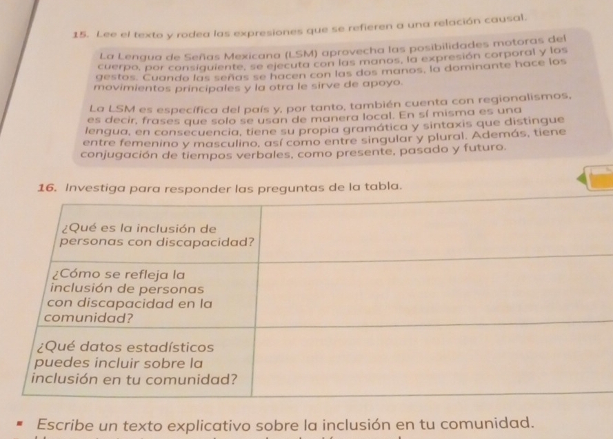 Lee el texto y rodea las expresiones que se refieren a una relación causal. 
La Lengua de Señas Mexicana (LSM) aprovecha las posibilidades motoras del 
cuerpo, por consiquiente, se ejecuta con las manos, la expresión corporal y los 
gestos. Cuando las señas se hacen con las dos manos, la dominante hace los 
movimientos principales y la otra le sirve de apoyo. 
La LSM es específica del país y, por tanto, también cuenta con regionalismos, 
es decir, frases que solo se usan de manera local. En sí misma es una 
lengua, en consecuencia, tiene su propia gramática y sintaxis que distingue 
entre femenino y masculino, así como entre singular y plural. Además, tiene 
conjugación de tiempos verbales, como presente, pasado y futuro. 
16. Investiga para responder las preguntas de la tabla. 
Escribe un texto explicativo sobre la inclusión en tu comunidad.