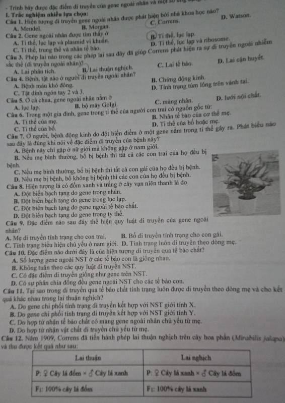 Trinh bảy được đặc điểm di truyền của gene ngoài nhân và mội s0 ứng
I. Trắc nghiệm nhiều lựa chọn:
Câu 1. Hiện tượng đi truyền gene ngoài nhân được phát hiện bởi nhà khoa học nào?
A. Mendel. B. Morgan. C. Correns D. Watson.
Câu 2. Gene ngoài nhân được tim thấy ở Bề Tí thế, lục lạp.
A. Ti thể, lục lạp và plasmid vị khuẩn. D. Ti thế, lục lạp và ribosome.
C. Tì thể, trung thể và nhân tế bào.
Câu 3. Phép lai nào trong các phép lai sau đây đã giúp Correns phát hiện ra sự di truyền ngoài nhiễm
sắc thể (di truyền ngoài nhân)2
A. Lai phân tích B/ Lai thuận nghịch. C. Lai tế bào. D. Lai cận huyết.
Câu 4. Bệnh, tật nào ở người di truyền ngoài nhân?
A. Bệnh máu khó đồng. B. Chứng động kinh.
Câu 5. Ở cà chua, gene ngoài nhân nằm ở D. Tính trạng túm lồng trên vành tại.
C. Tật đính ngôn tay 2 và 3.
A. luc lap. B. bộ máy Golgi. C. màng nhân.
Câu 6. Trong một gia đình, gene trong tỉ thể của người con trai có nguồn gốc từ: D. lưới nội chất.
B. Nhân tế bào của cơ thể mẹ
A. Ti thể của mẹ
C. Tỉ thể của bố. D. Ti thể của bổ hoặc mẹ
Câu 7. Ở người, bệnh động kinh do đột biển điểm ở một gene năm trong ti thể gây ra. Phát biểu nào
sau đây là đùng khi nói về đặc điểm di truyền của bệnh này?
A. Bệnh này chỉ gặp ở nữ giới mà không gặp ở nam giới.
B. Nếu mẹ bình thường, bố bị bệnh thì tất cả các con trai của họ đều bị
bệnh.
C. Nếu mẹ binh thường, bố bị bệnh thi tất cả con gái của họ đều bị bệnh.
D. Nều mẹ bị bệnh, bố không bị bệnh thi các con của họ đều bị bệnh.
Câu 8. Hiện tượng là có đổm xanh và trắng ở cây vạn niên thanh là do
A. Đột biển bạch tạng do gene trong nhân.
B. Đột biển bạch tạng do gene trong lục lạp.
C. Đột biến bạch tạng do gene ngoài tế bảo chất.
D. Đột biển bạch tạng do gene trong ty thể.
Câu 9. Đặc điểm nào sau đây thể hiện quy luật di truyền của gene ngoài
nhān?
A. Mẹ di truyền tính trạng cho con trai, B. Bổ di truyền tính trạng cho con gái.
C. Tính trạng biểu hiện chủ yếu ở nam giới. D. Tính trạng luôn di truyên theo dòng mẹ.
Câu 10. Đặc điểm nào dưới đây là của hiện tượng di truyền qua tế bào chất?
A. Số lượng gene ngoài NST ở các tế bào con là giống nhau.
B. Không tuần theo các quy luật di truyền NST.
C. Có đặc điểm di truyền giống như gene trên NST.
D. Có sự phân chía đồng đều gene ngoài NST cho các tế bào con.
Cầu 11. Tại sao trong di truyền qua tế bảo chất tính trạng luôn được di truyền theo dòng mẹ và cho kết
quá khác nhau trong lai thuận nghịch?
A. Do gene chi phối tính trạng di truyền kết hợp với NST giới tính X.
B. Do gene chi phối tính trạng di truyền kết hợp với NST giới tính Y.
C. Do hợp tứ nhận tế báo chất có mang gene ngoài nhân chủ yêu từ mẹ.
D. Do hợp tứ nhận vật chất đi truyên chủ yêu từ mẹ.
Câu 12. Năm 1909, Correns đã tiến hành phép lai thuận nghịch trên cây hoa phần (Mirabilis jalapa)
và t