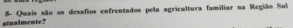 8- Quais são os desafios enfrentados pela agricultura familiar na Região Sul 
atualmente?