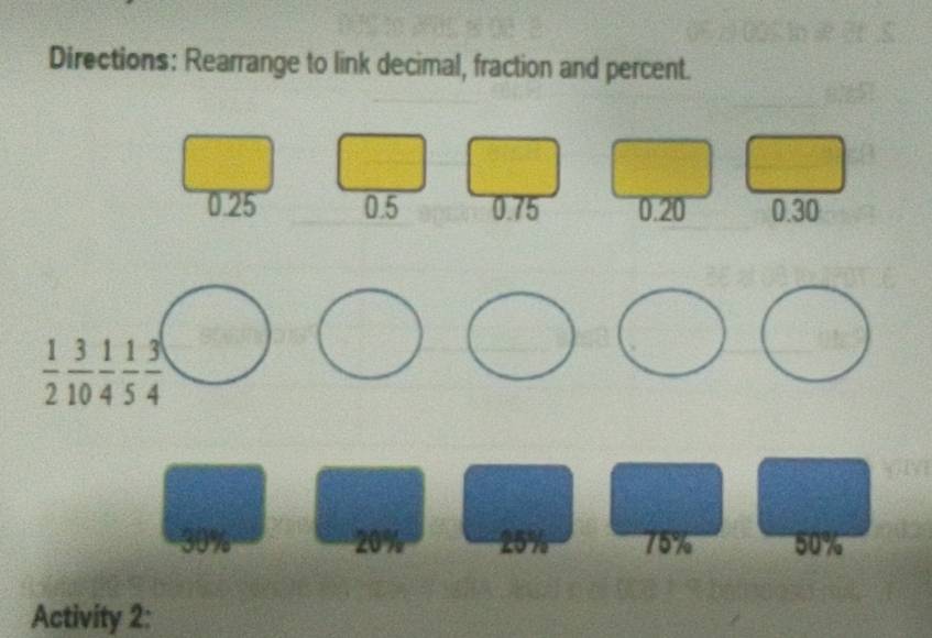 Directions: Rearrange to link decimal, fraction and percent.
0.25 0.5 0.75 0.20 0.30
 1/2  3/10  1/4  3/5  3/4 
20% 25% 75% 50%
Activity 2: