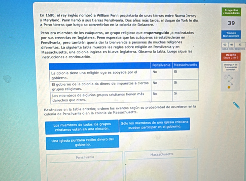 Preguntas
En 1680, el rey inglés nombró a William Penn propietario de unas tierras entre Nueva Jersey respondidas
y Maryland. Penn Ilamó a sus tierras Pensilvania. Dos años más tarde, el duque de York le dio
a Penn tierras que luego se convertirían en la colonia de Delaware.
39
Penn era miembro de los cuáqueros, un grupo religioso que eraperseguido ,o maltratados Tiempo
por sus creencias en Inglaterra. Penn esperaba que los cuáqueros se establecieran en transcurrido
Pensilvania, pero también quería dar la bienvenida a personas de muchas religiones
∞ 12
diferentes. La siguiente tabla muestra las reglas sobre religión en Pensilvania y en 
Massachusetts, una colonia inglesa en Nueva Inglaterra. Observa la tabla. Luego sigue las
instrucciones a continuación. 《tapa 2 de 3 Desafío
Cibtenga 4 de R renfercates
correctes
Basándose en la tabla anterior, ordene los eventos según su probabilidad de ocurrieron en la
colonia de Pensilvania o en la colonia de Massachusetts.
Los miembros de todos los grupos Sólo los miembros de una iglesia cristiana
cristianos votan en una elección. pueden participar en el gobiero.
Una iglesia puritana recibe dinero del
gobierno.
Pensilyania Massachusetts