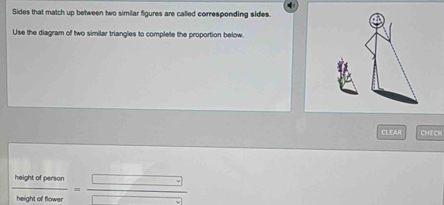 Sides that match up between two similar figures are called corresponding sides. 
Use the diagram of two similar triangles to complete the proportion below. 
CLEAR CHECK
 heightofperson/heightoffower = □ /□  
