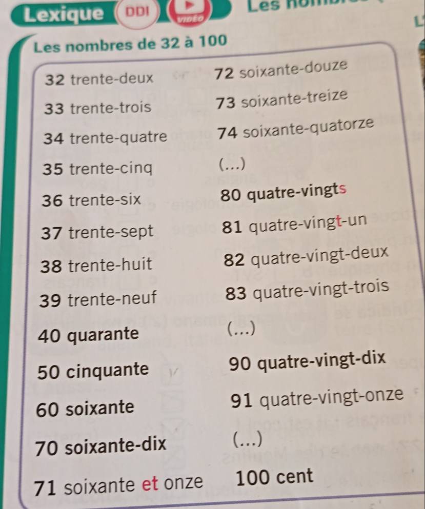 Lexique DDI Les nom 
L 
Les nombres de 32 à 100
32 trente-deux
72 soixante-douze
33 trente-trois 73 soixante-treize
34 trente-quatre 74 soixante-quatorze 

35 trente-cinq _...)
36 trente-six 80 quatre-vingts
37 trente-sept 81 quatre-vingt-un
38 trente-huit 82 quatre-vingt-deux
39 trente-neuf 83 quatre-vingt-trois
40 quarante ..)
50 cinquante 90 quatre-vingt-dix
60 soixante 91 quatre-vingt-onze
70 soixante-dix  _)
71 soixante et onze 100 cent