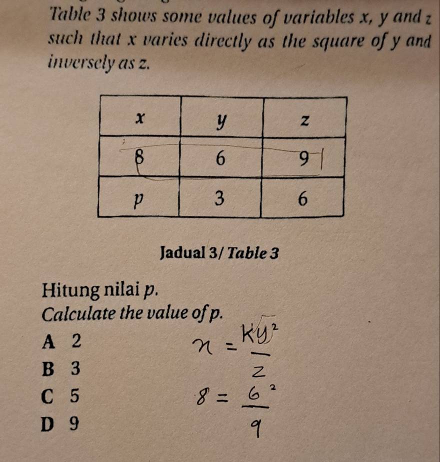 Table 3 shows some values of variables x, y and z
such that x varies directly as the square of y and
inversely as z.
Jadual 3/ Table 3
Hitung nilai p.
Calculate the value of p.
A 2
B 3
C 5
D 9