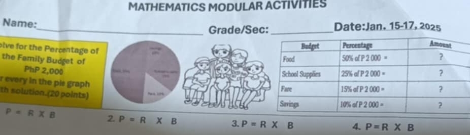 MATHEMATICS MODULAR ACTIVITIES
Grade/Sec: Date:Jan. 15-17, 2025
Name:_ _
ive for the Percentage of
the Family Budget of
PhP 2,000 
r every in the pis graph
th solution.(20 points)
? ï?
P=R* B 2. P=R* B
3. P=R* B
4. P=R* B