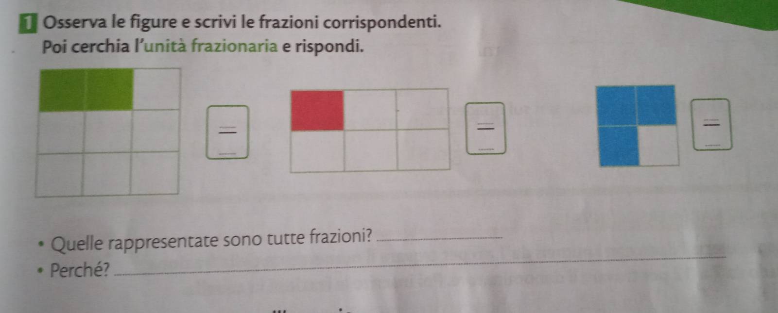 Osserva le figure e scrivi le frazioni corrispondenti. 
Poi cerchia l’unità frazionaria e rispondi. 
= 
= 
= 
_ 
Quelle rappresentate sono tutte frazioni?_ 
Perché? 
_ 
__