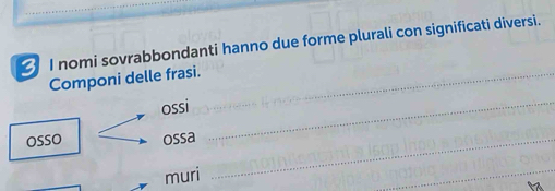 nomi sovrabbondanti hanno due forme plurali con significati diversi. 
Componi delle frasi._ 
ossi__ 
OSSO ossa_ 
muri 
_