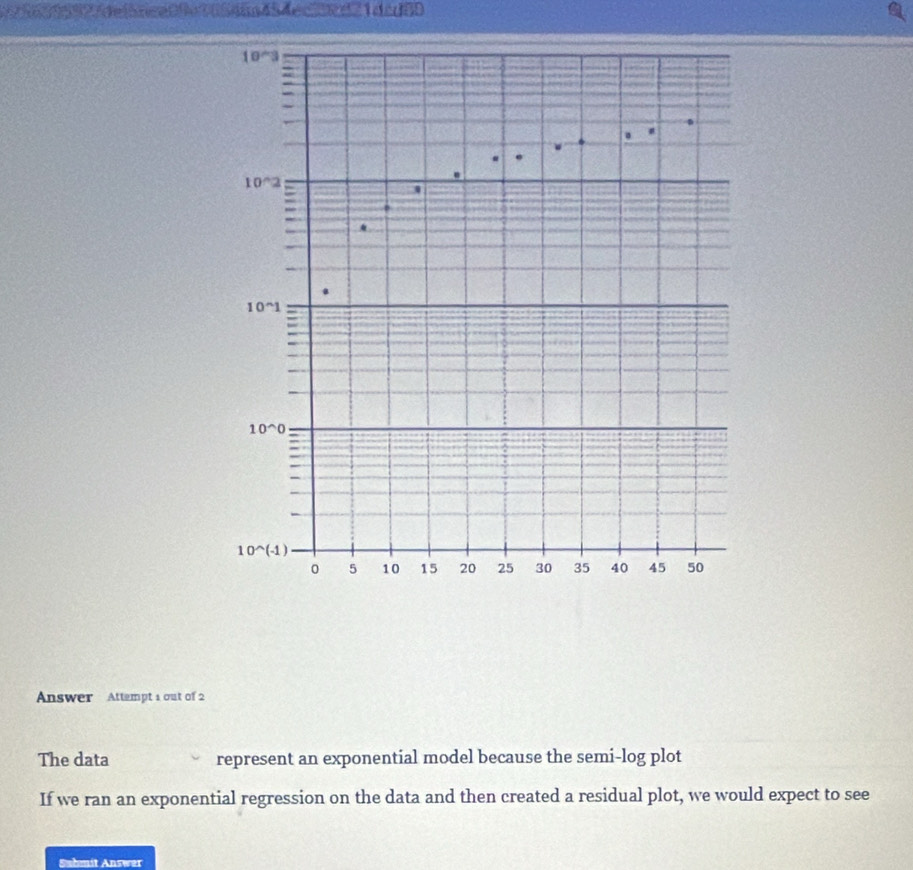 56395927de|5nce09e76546a454ec3d21dcd80
10^(wedge)3
10^(wedge)2
10^(wedge)1
10^(wedge)0
10^(wedge)(-1)
0 5 10 15 20 25 30 35 40 45 50
Answer Attempt 1 out of 2 
The data represent an exponential model because the semi-log plot 
If we ran an exponential regression on the data and then created a residual plot, we would expect to see 
Sahmit Answer
