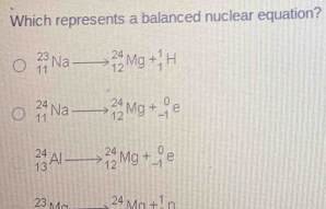 Which represents a balanced nuclear equation?
_(11)^(23)Na _  _(12)^(24)Mg+_1^1H
_(11)^(24)Na _(12)^(24)Mg+_(-1)^0 e
_(13)^(24)Alto _(12)^(24)Mg+_(-1)^0 e
23* 4 24Ma+1n