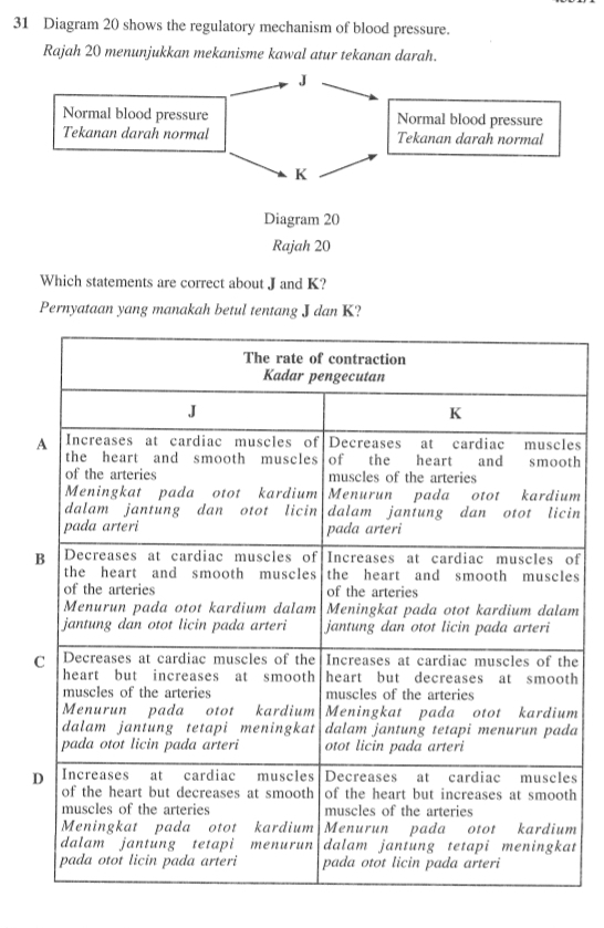 Diagram 20 shows the regulatory mechanism of blood pressure.
Rajah 20 menunjukkan mekanisme kawal atur tekanan darah.
Which statements are correct about J and K?
Pernyataan yang manakah betul tentang J dan K?
s
h
m
n
f
s
m
e
h
m
a
s
h
m
t