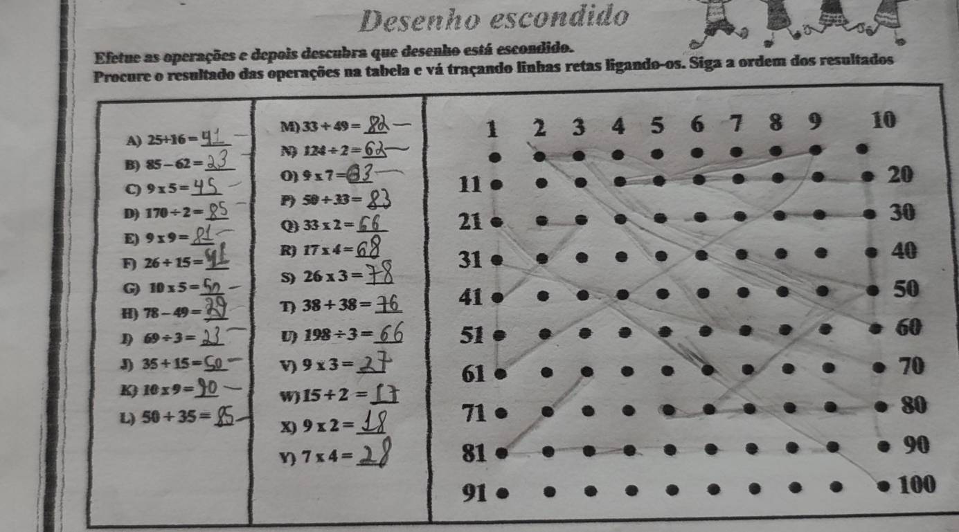 Desenho escondido
Efetue as operações e depois descubra que desenho está escondido.
tabela e vá traçando linhas retas ligando-os. Siga a ordem dos resultados