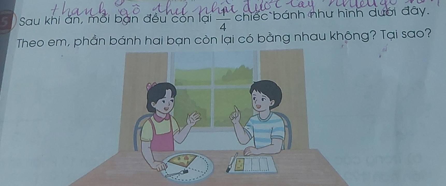 Sau khi ăn, mỗi bạn đều còn lại  4/4  chiếc bánh như hình dưới đây. 
Theo em, phần bánh hai bạn còn lại có bằng nhau không? Tại sao?