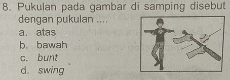 Pukulan pada gambar di samping disebut
dengan pukulan ....
a. atas
b. bawah
c. bunt
d. swing