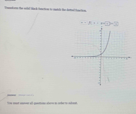 Transform the solid black function to match the dotted function.
f(·s x+ a)+ a
Answer Atempi inst f 3 
You must answer all questions above in order to submit.