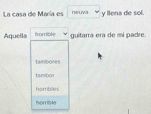 La casa de María es neuva y llena de sol.
Aquella horrible guitarra era de mi padre.
tambores
tambor
horribles
horrible