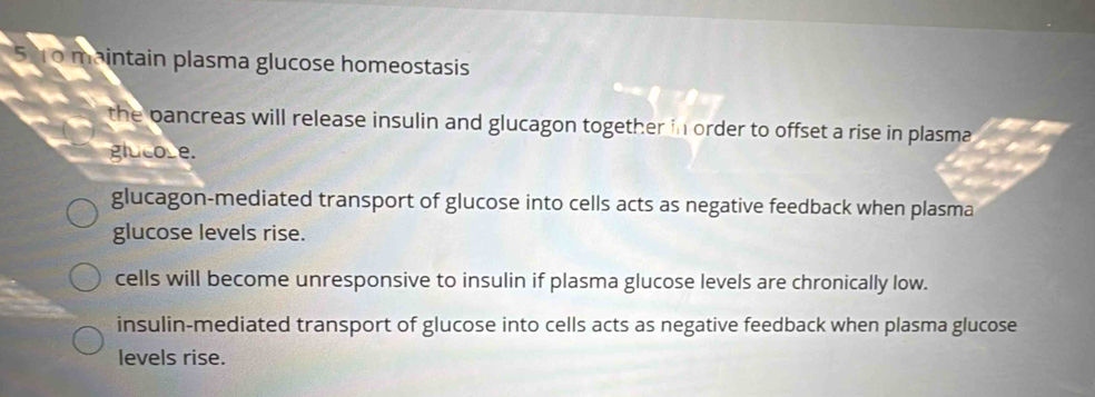 5% o maintain plasma glucose homeostasis
the bancreas will release insulin and glucagon together in order to offset a rise in plasma
glucose.
glucagon-mediated transport of glucose into cells acts as negative feedback when plasma
glucose levels rise.
cells will become unresponsive to insulin if plasma glucose levels are chronically low.
insulin-mediated transport of glucose into cells acts as negative feedback when plasma glucose
levels rise.