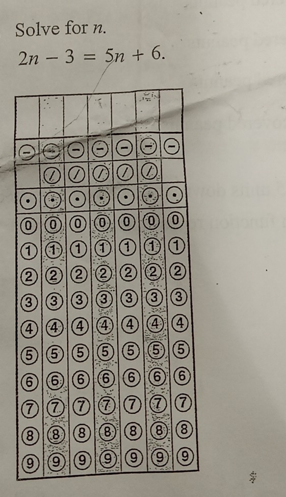 Solve for n.
2n-3=5n+6.