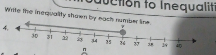 ctión to Inequaliti 
Write the inequality shown by ea 
4.