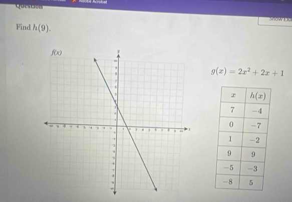 Abobe Acroba
Question
Show Exa
Find h(9).
g(x)=2x^2+2x+1