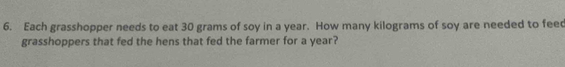 Each grasshopper needs to eat 30 grams of soy in a year. How many kilograms of soy are needed to feed 
grasshoppers that fed the hens that fed the farmer for a year?