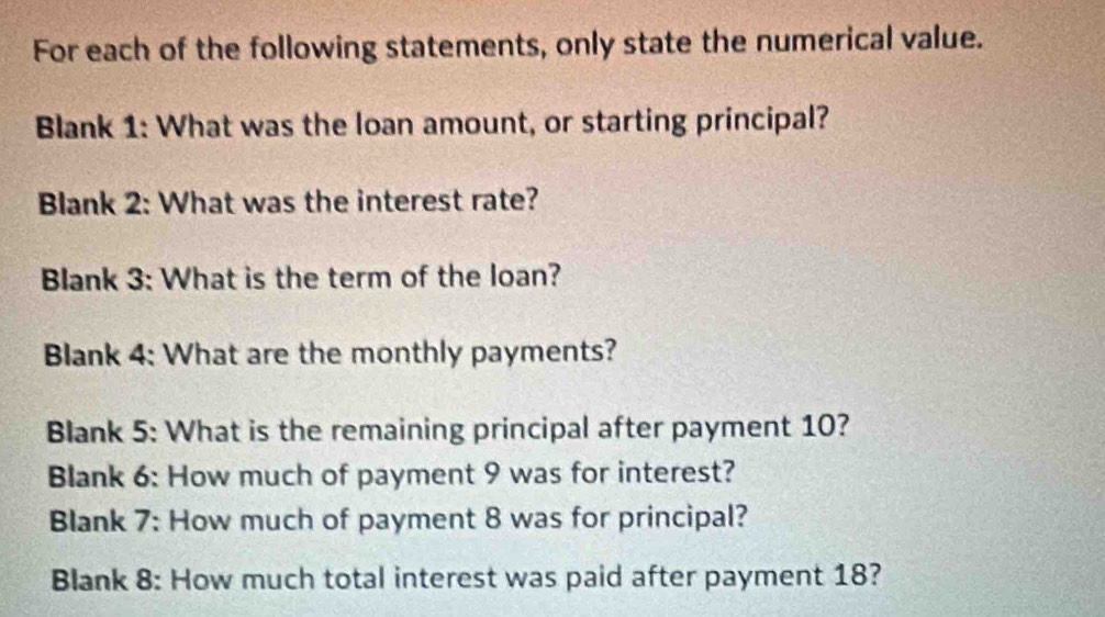 For each of the following statements, only state the numerical value. 
Blank 1: What was the loan amount, or starting principal? 
Blank 2: What was the interest rate? 
Blank 3: What is the term of the loan? 
Blank 4: What are the monthly payments? 
Blank 5: What is the remaining principal after payment 10? 
Blank 6: How much of payment 9 was for interest? 
Blank 7: How much of payment 8 was for principal? 
Blank 8: How much total interest was paid after payment 18?