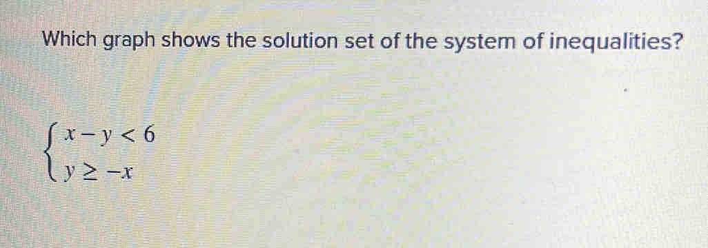 Which graph shows the solution set of the system of inequalities?
beginarrayl x-y<6 y≥ -xendarray.