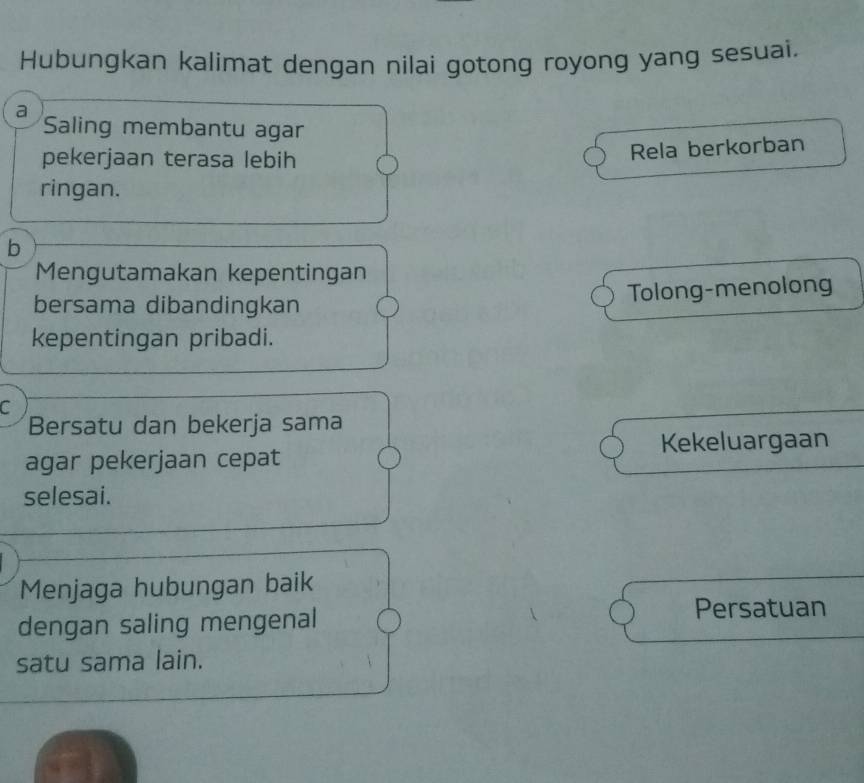 Hubungkan kalimat dengan nilai gotong royong yang sesuai.
a
Saling membantu agar
pekerjaan terasa lebih
Rela berkorban
ringan.
b
Mengutamakan kepentingan
bersama dibandingkan Tolong-menolong
kepentingan pribadi.
C
Bersatu dan bekerja sama
agar pekerjaan cepat Kekeluargaan
selesai.
Menjaga hubungan baik
dengan saling mengenal
Persatuan
satu sama lain.