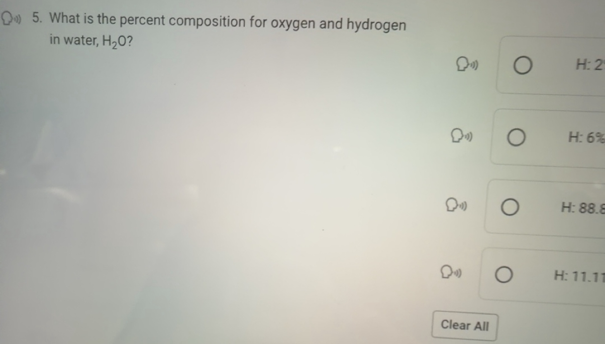 Solved: What is the percent composition for oxygen and hydrogen in ...