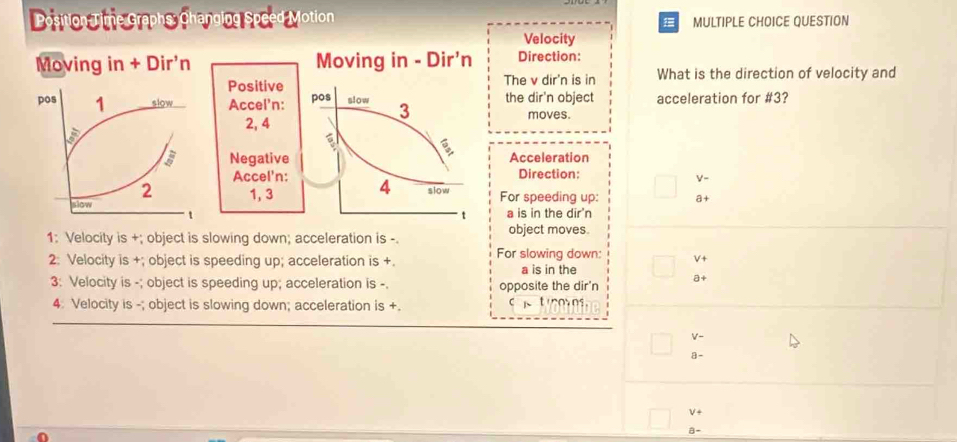 Position Jime Graphs, Changing Speed Motion MULTIPLE CHOICE QUESTION
Velocity
Moving in+Dir'n Moving in - Dir'n Direction:
PositiveThe v dir'n is in What is the direction of velocity and
Accel'n: the dir'n object acceleration for #3?
2, 4
moves.
NegativeAcceleration
Direction:
Accel'n:
V-
1, 3For speeding up: a+
a is in the dir'n
1: Velocity is +; object is slowing down; acceleration is -. object moves.
2: Velocity is +; object is speeding up; acceleration is +. For slowing down: V+
a is in the
3: Velocity is -; object is speeding up; acceleration is -. opposite the dir'n a+
4 Velocity is -; object is slowing down; acceleration is +. t o ns
V=
8-
V +
B-