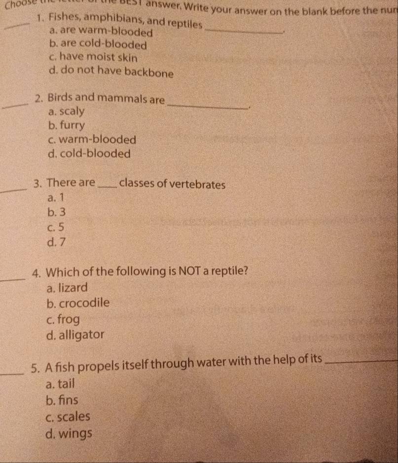 Choose th
e BEST answer. Write your answer on the blank before the nun
_
_1. Fishes, amphibians, and reptiles
a. are warm-blooded
.
b. are cold-blooded
c. have moist skin
d. do not have backbone
_
_
2. Birds and mammals are
a. scaly
.
b. furry
c. warm-blooded
d. cold-blooded
_
3. There are _classes of vertebrates
a. 1
b. 3
c. 5
d. 7
_
4. Which of the following is NOT a reptile?
a. lizard
b. crocodile
c. frog
d. alligator
_
5. A fish propels itself through water with the help of its_
a. tail
b. fins
c. scales
d. wings