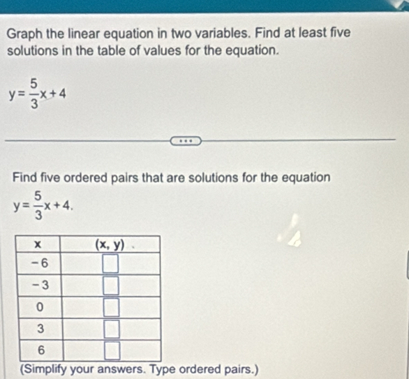 Graph the linear equation in two variables. Find at least five
solutions in the table of values for the equation.
y= 5/3 x+4
Find five ordered pairs that are solutions for the equation
y= 5/3 x+4.
(Simplify your answers. Type ordered pairs.)