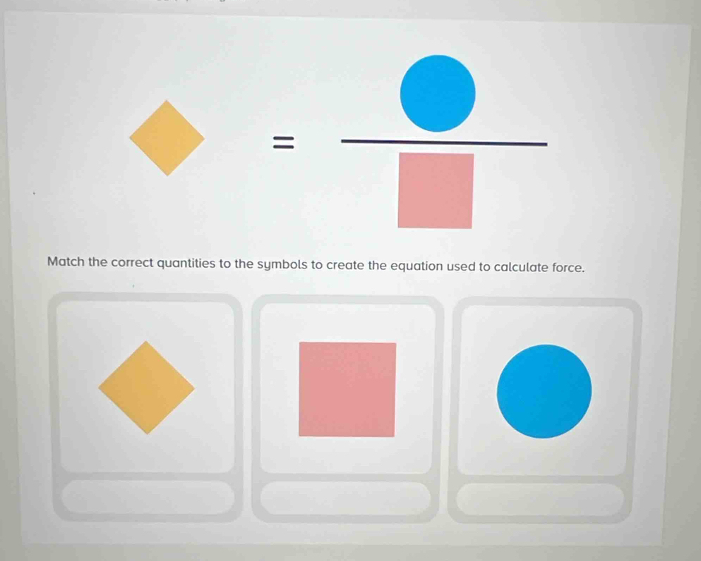 = □ /□  
□ _ 
Match the correct quantities to the symbols to create the equation used to calculate force.