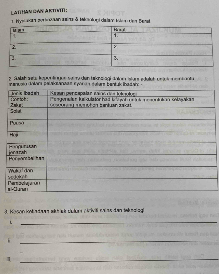 LATIHAN DAN AKTIVITI: 
1. Nyatakan perbezaan sains & teknologi dalam Islam dan Barat 
2. Salah satu kepentingan sains dan teknologi dalam Islam adalah untuk membantu 
manusia dalam pelaksanaan syariah dalam bentuk ibadah: - 
3. Kesan ketiadaan akhlak dalam aktiviti sains dan teknologi 
i. 
_ 
- 
ii. 
_ 

ⅲii. 
_