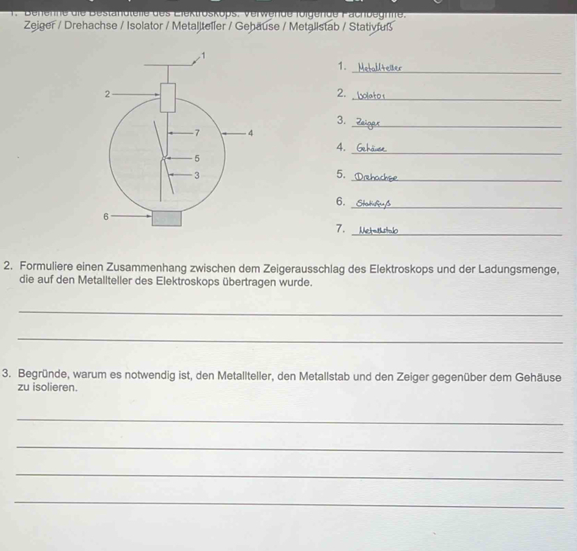 Behenne die Bestandtelle des Eiektroskops, Verwende folgende Pachbeghife, 
Zeiger / Drehachse / Isolator / Metallteller / Gehäuse / Metallstab / Stativfuß 
1. 
_ 
_ 
2. 
3. 
_ 
4. 
_ 
_ 
5. 
6. 
_ 
7. 
_ 
2. Formuliere einen Zusammenhang zwischen dem Zeigerausschlag des Elektroskops und der Ladungsmenge, 
die auf den Metallteller des Elektroskops übertragen wurde. 
_ 
_ 
3. Begründe, warum es notwendig ist, den Metallteller, den Metallstab und den Zeiger gegenüber dem Gehäuse 
zu isolieren. 
_ 
_ 
_ 
_