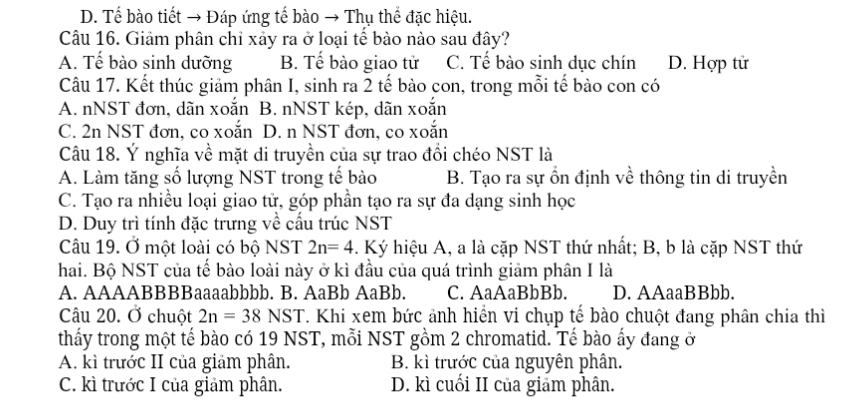 D. Tế bào tiết → Đáp ứng tế bào → Thụ thể đặc hiệu.
Câu 16. Giảm phân chỉ xảy ra ở loại tế bào nào sau đây?
A. Tế bào sinh dưỡng B. Tế bào giao tử C. Tế bào sinh dục chín D. Hợp tử
Câu 17. Kết thúc giảm phân I, sinh ra 2 tế bào con, trong mỗi tế bào con có
A. nNST đơn, dãn xoắn] B. nNST kép, dãn xoắn
C. 2n NST đơn, co xoắn D. n NST đơn, co xoắn
Câu 18. Ý nghĩa về mặt di truyền của sự trao đổi chéo NST là
A. Làm tăng số lượng NST trong tế bào B. Tạo ra sự ổn định về thông tin di truyền
C. Tạo ra nhiều loại giao tử, góp phần tạo ra sự đa dạng sinh học
D. Duy trì tính đặc trưng về cấu trúc NST
Câu 19. Ở một loài có bộ NST 2n=4 Ký hiệu A, a là cặp NST thứ nhất; B, b là cặp NST thứ
hai. Bộ NST của tế bào loài này ở kì đầu của quá trình giảm phân I là
A. AAAABBBBaaaabbbb. B. AaBb AaBb. C. AaAaBbBb. D. AAaaBBbb.
Câu 20. Ở chuột 2n=38NST T. Khi xem bức ảnh hiển vi chụp tế bào chuột đang phân chia thì
thấy trong một tế bào có 19 NST, mỗi NST gồm 2 chromatid. Tế bào ấy đang ở
A. kì trước II của giảm phân. B. kì trước của nguyên phân.
C. kì trước I của giảm phân. D. kì cuối II của giảm phân.