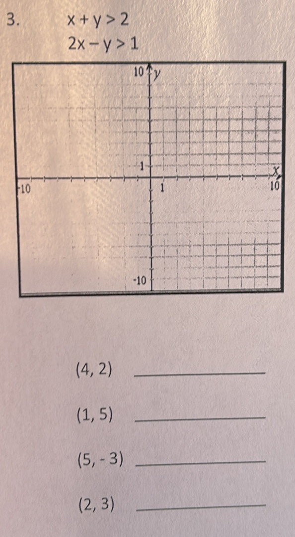 x+y>2
2x-y>1
_ (4,2)
(1,5) _
(5,-3) _ 
_ (2,3)