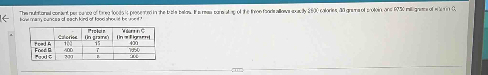 The nutritional content per ounce of three foods is presented in the table below. If a meal consisting of the three foods allows exactly 2600 calories, 88 grams of protein, and 9750 milligrams of vitamin C, 
how many ounces of each kind of food should be used?