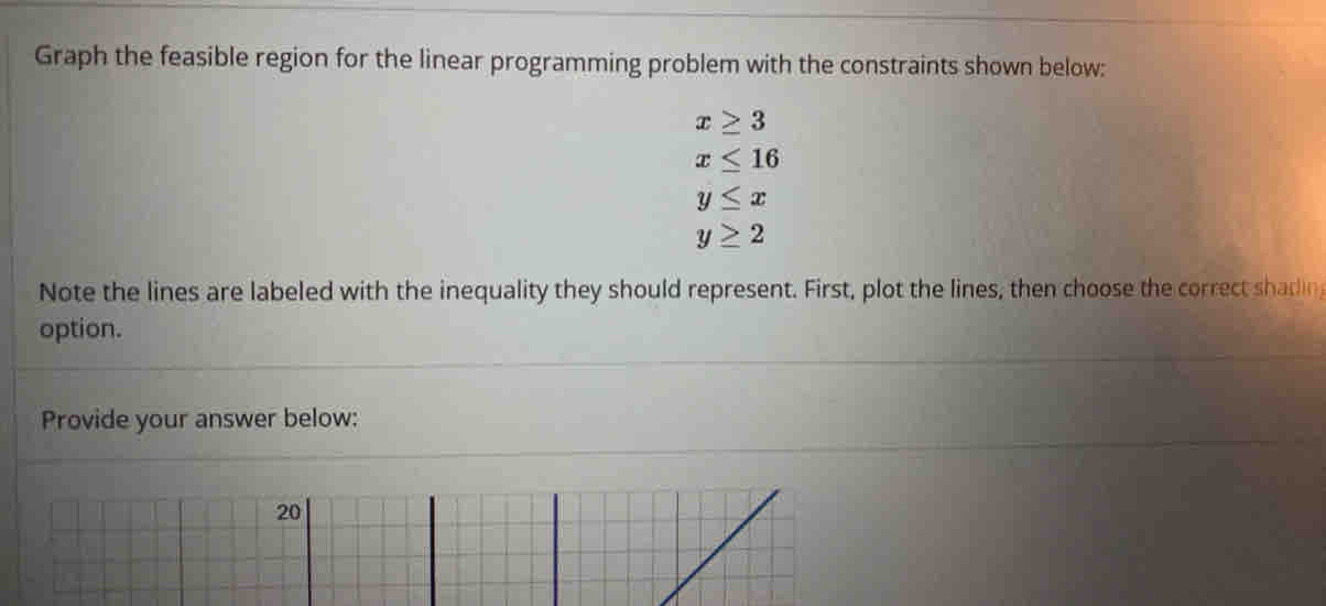 Graph the feasible region for the linear programming problem with the constraints shown below:
x≥ 3
x≤ 16
y≤ x
y≥ 2
Note the lines are labeled with the inequality they should represent. First, plot the lines, then choose the correct shadin 
option. 
Provide your answer below: