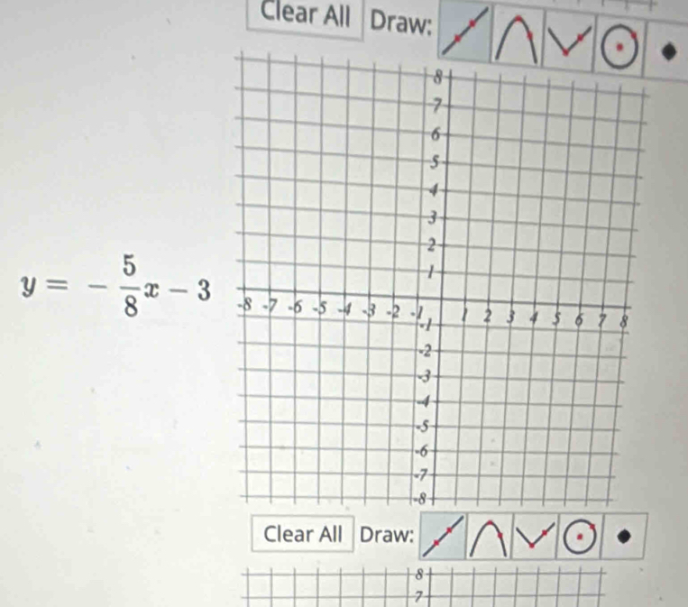 Clear All Draw:
y=- 5/8 x-3
Clear All Draw:
8
7