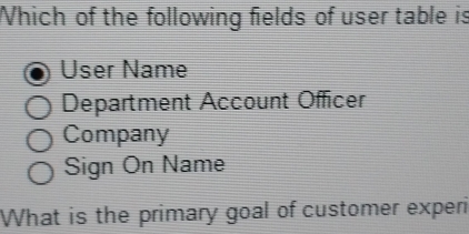 Which of the following fields of user table is
User Name
Department Account Officer
Company
Sign On Name
What is the primary goal of customer experi