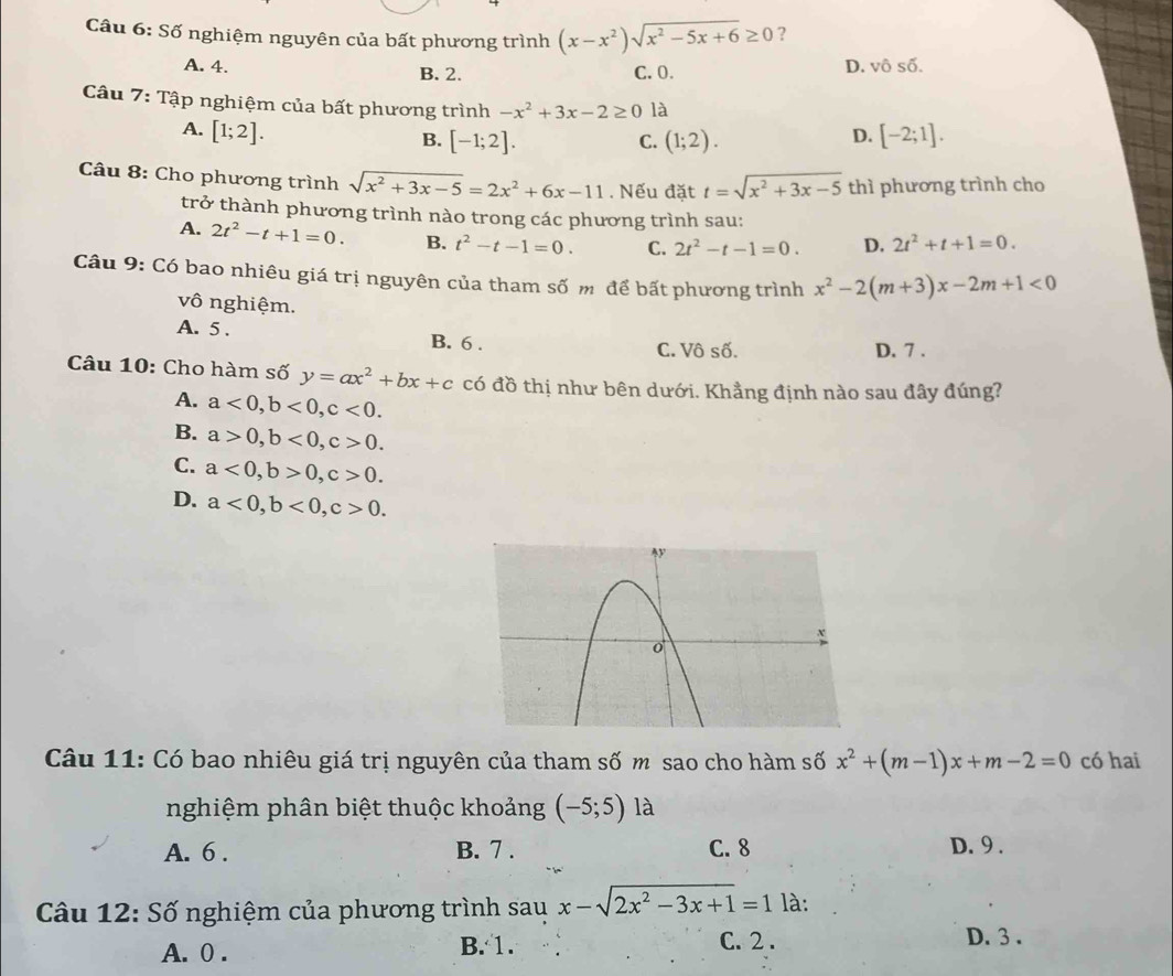 Số nghiệm nguyên của bất phương trình (x-x^2)sqrt(x^2-5x+6)≥ 0 ?
A. 4. B. 2. C. 0. D. vô số.
Câu 7: Tập nghiệm của bất phương trình -x^2+3x-2≥ 0 là
A. [1;2]. D. [-2;1].
B. [-1;2]. C. (1;2).
Câu 8: Cho phương trình sqrt(x^2+3x-5)=2x^2+6x-11. Nếu đặt t=sqrt(x^2+3x-5) thì phương trình cho
trở thành phương trình nào trong các phương trình sau:
A. 2t^2-t+1=0. B. t^2-t-1=0. C. 2t^2-t-1=0. D. 2t^2+t+1=0.
Câu 9: Có bao nhiêu giá trị nguyên của tham số m để bất phương trình x^2-2(m+3)x-2m+1<0</tex>
vô nghiệm.
A. 5 . B. 6 . C. Vô số.
D. 7 .
Câu 10: Cho hàm số y=ax^2+bx+c có đồ thị như bên dưới. Khẳng định nào sau đây đúng?
A. a<0,b<0,c<0.
B. a>0,b<0,c>0.
C. a<0,b>0,c>0.
D. a<0,b<0,c>0.
Câu 11: Có bao nhiêu giá trị nguyên của tham số m sao cho hàm số x^2+(m-1)x+m-2=0 có hai
nghiệm phân biệt thuộc khoảng (-5;5) là
A. 6 . B. 7 . C. 8 D. 9 .
Câu 12: Số nghiệm của phương trình sau x-sqrt(2x^2-3x+1)=1 là:
A. 0 . B. 1.
C. 2 . D. 3.