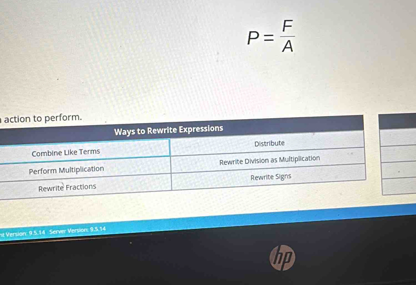 P= F/A 

nt Version: 9.5.14 Server Version: 9.5.14