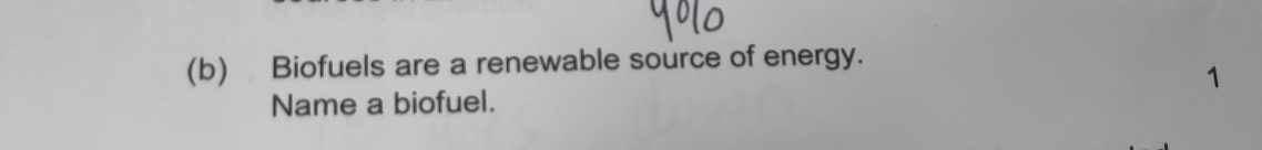 Biofuels are a renewable source of energy. 
1 
Name a biofuel.
