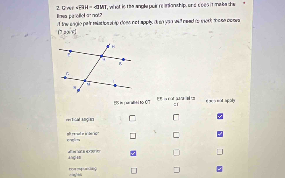 Given ∠ ERH=∠ BMT , what is the angle pair relationship, and does it make the *
lines parallel or not?
if the angle pair relationship does not apply, then you will need to mark those boxes
(1 point)
ES is parallel to CT ES is not parallel to
does not apply
CT
vertical angles
alternate interior
□
angles
alternate exterior
J
angles
corresponding
angles