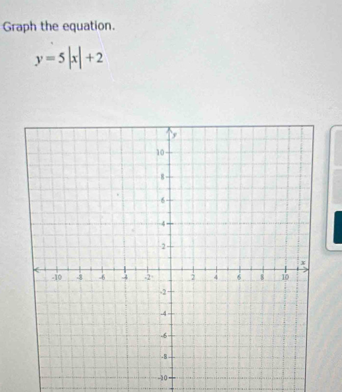 Graph the equation.
y=5|x|+2
-10