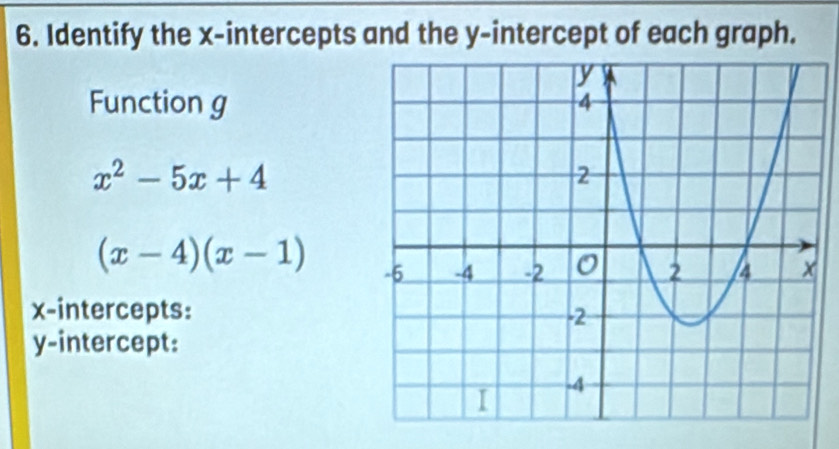 Identify the x-intercepts and the y-intercept of each graph. 
Function g
x^2-5x+4
(x-4)(x-1)
x-intercepts: 
y-intercept: