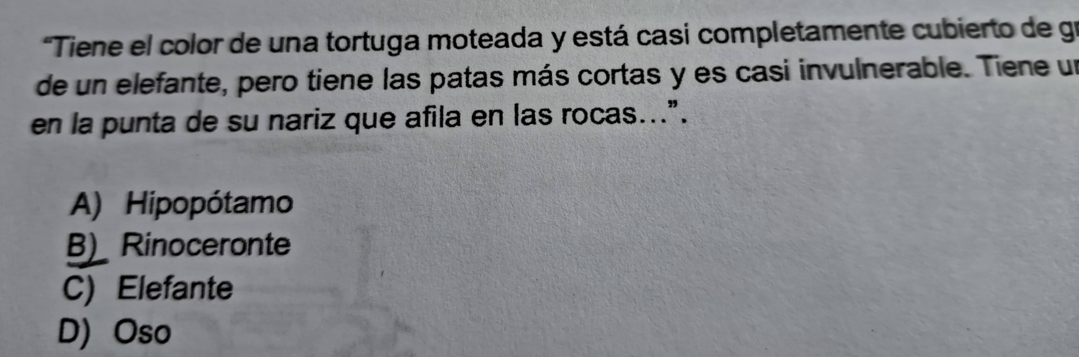 Tiene el color de una tortuga moteada y está casi completamente cubierto de gr
de un elefante, pero tiene las patas más cortas y es casi invulnerable. Tiene un
en la punta de su nariz que afila en las rocas...”.
A) Hipopótamo
B)_ Rinoceronte
C) Elefante
D) Oso