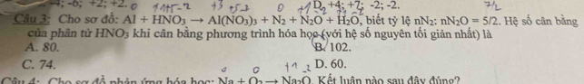 -4; -6; +2; +2. D+4;+7; -2; -2
Câu 3: Cho sơ đồ: Al+HNO_3to Al(NO_3)_3+N_2+N_2O+H_2O , biết tỷ lệ nN_2:nN_2O=5/2 , Hệ số cân bằng
của phân từ HNO_3 khi cân bằng phương trình hóa học (với hệ số nguyên tối giản nhất) là
A. 80. B. 102.
C. 74. D. 60.
Câ đo Cho oo để ohic cóc hác hoa Na+ONa_2O Kết luân nào sau đây đúng?